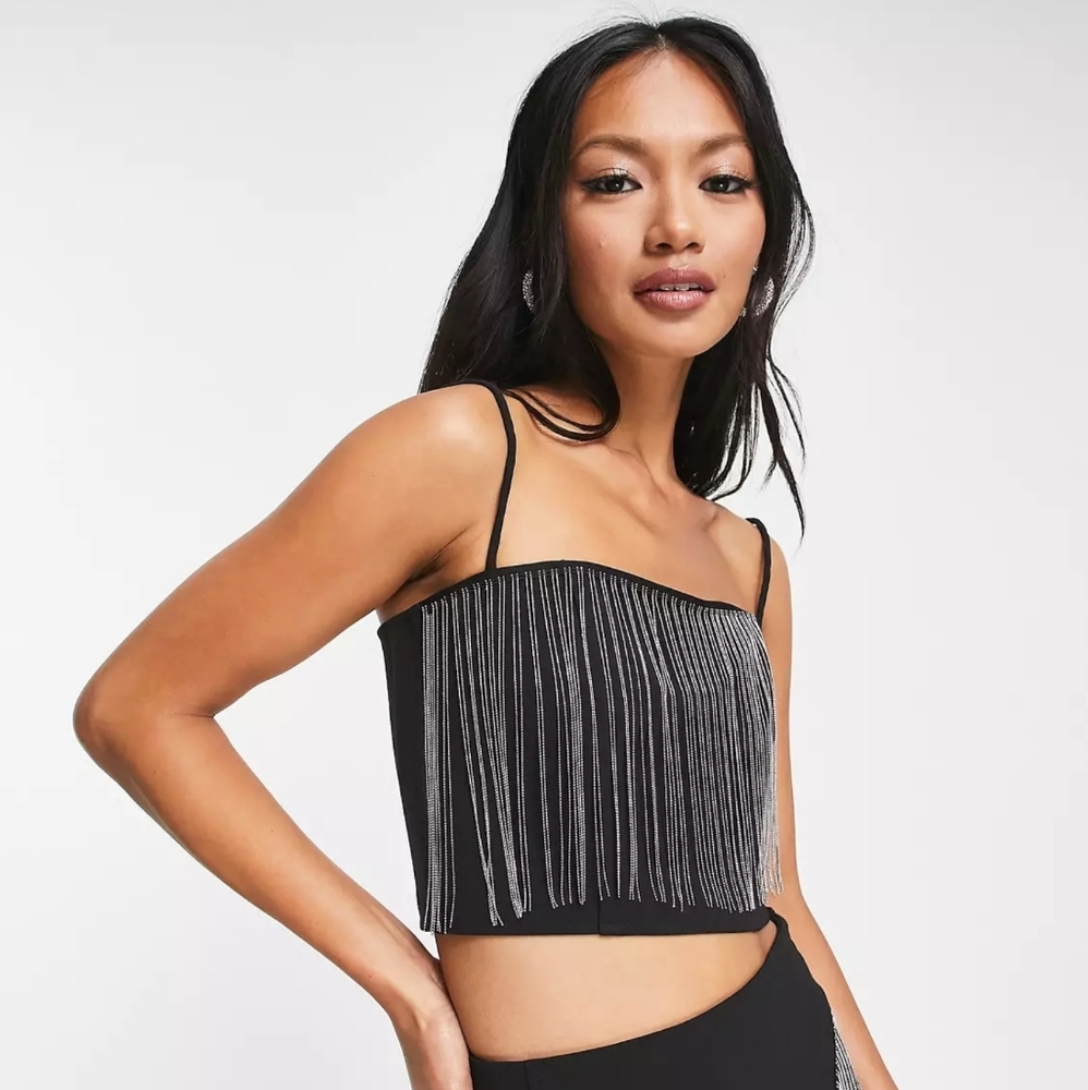 & Other Stories rhinestone fringe top in black
